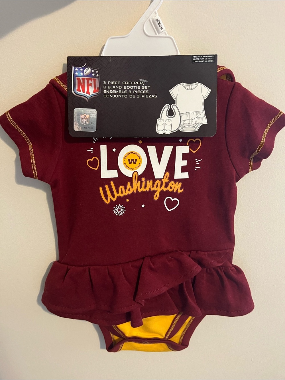 NFL Girls' Maroon and Gold "Love Washington" Ruffle Creeper, Bib, and Bootie Set